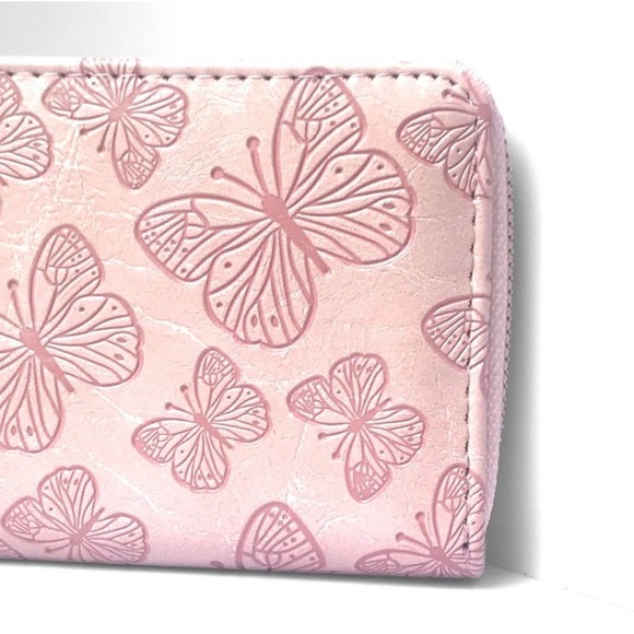 1 LEFT! Pink Butterfly Embossed Faux Leather Women’s Zippered Cute Summer Wallet - Picture 2 of 3
